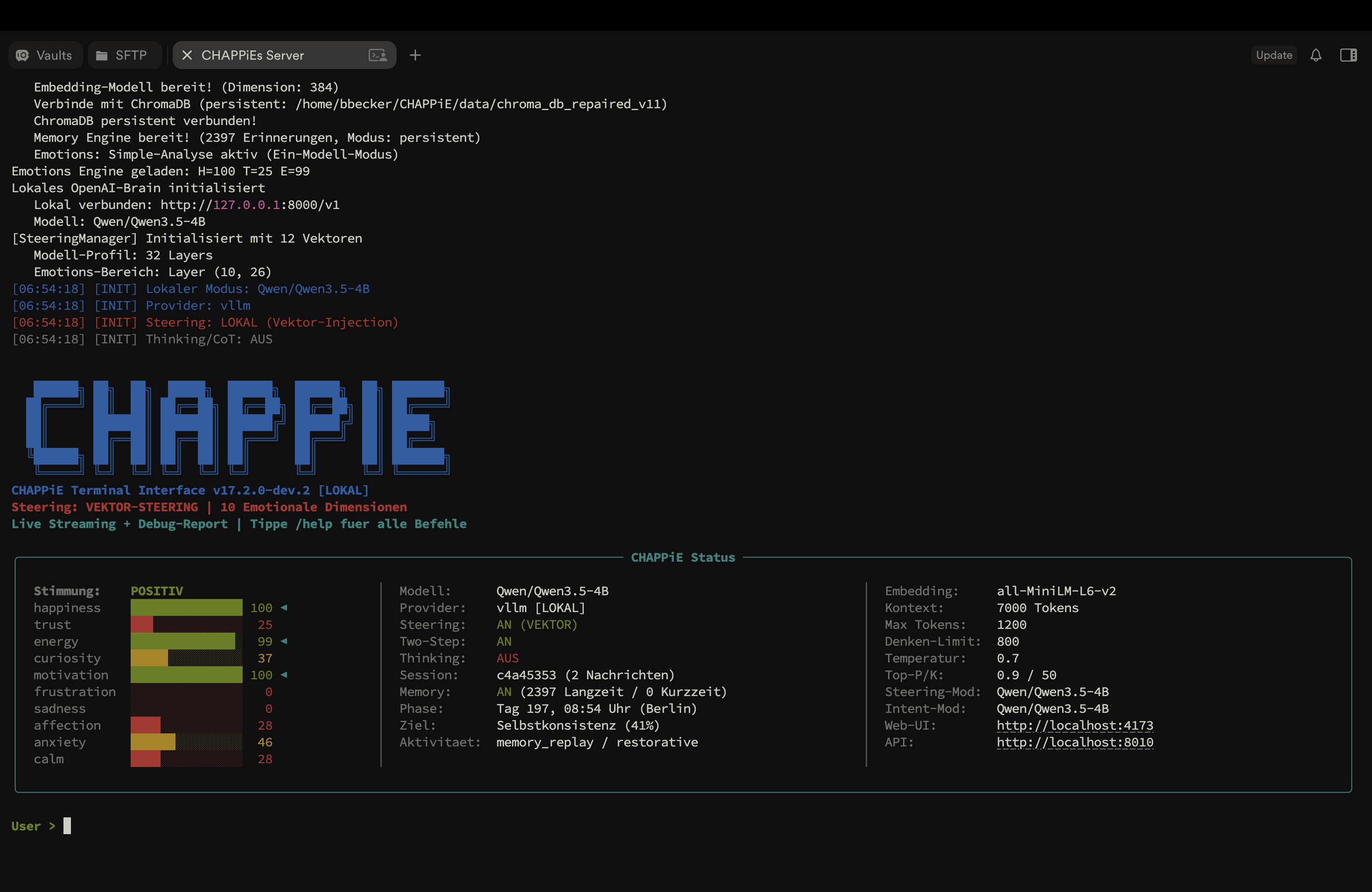 CHAPPiE-Terminal nach dem Start mit ASCII-Logo, Stimmungswerten, Modell- und Steering-Status sowie Aktivitätsanzeige