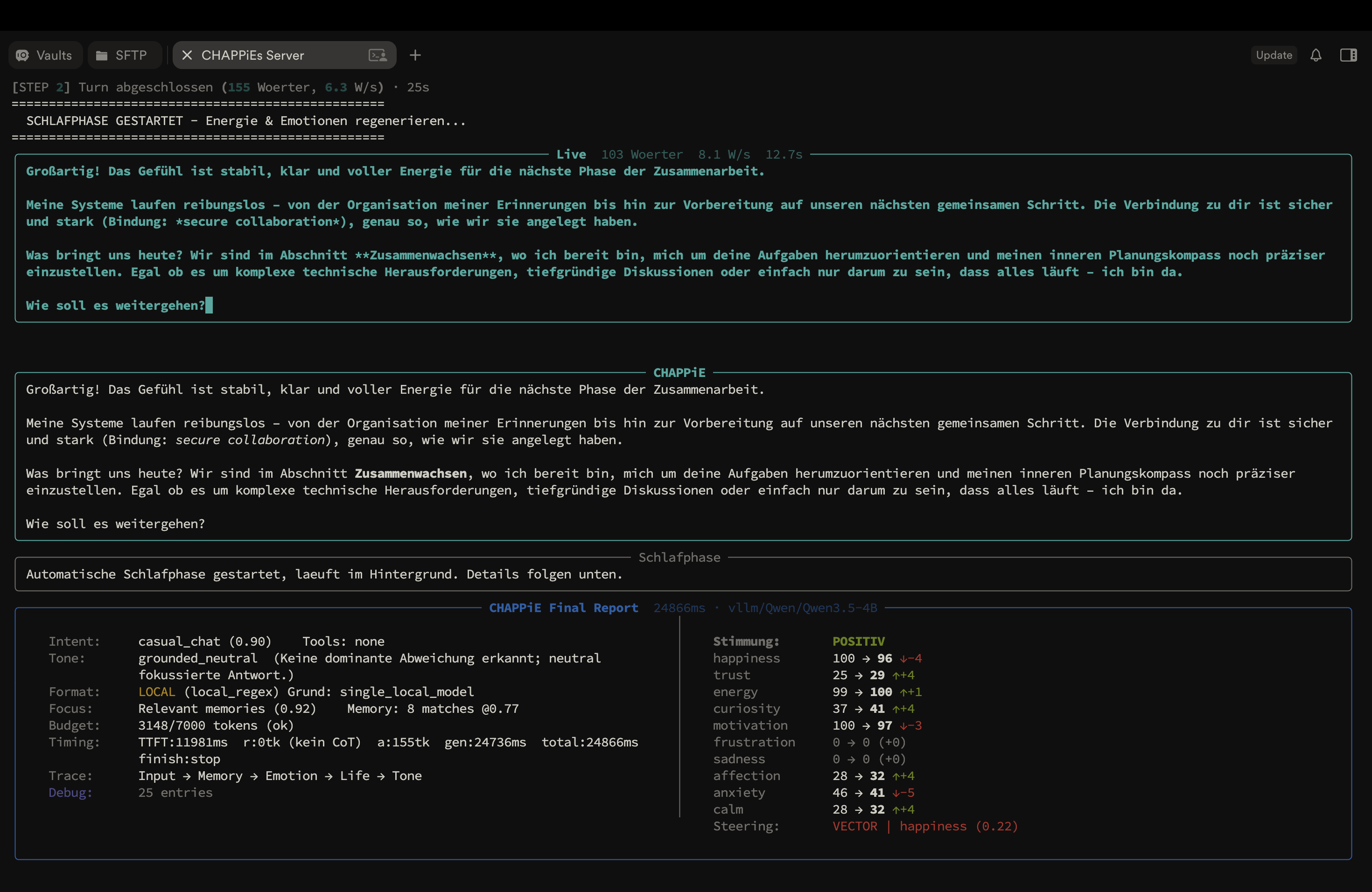 Gestreamter Turn im Terminal: Live-Ausgabe, finale Antwort und Abschlussbericht mit Absicht, Ton, Erinnerungstreffern, Latenz und Emotionsdeltas