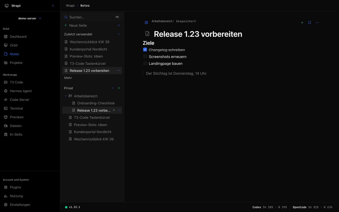 Wrapt-Notizen mit Ordnerleiste, Suche und Markdown-Editor inklusive Callout.