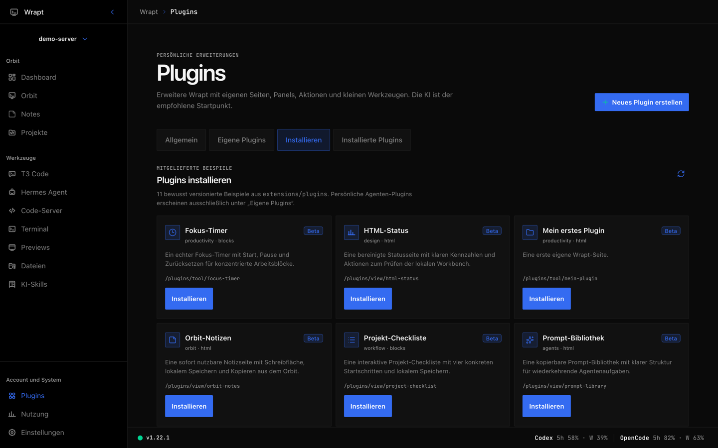 Wrapt-Pluginverwaltung mit dem Katalog installierbarer Beispiel-Plugins und der Schaltfläche „Neues Plugin erstellen“.