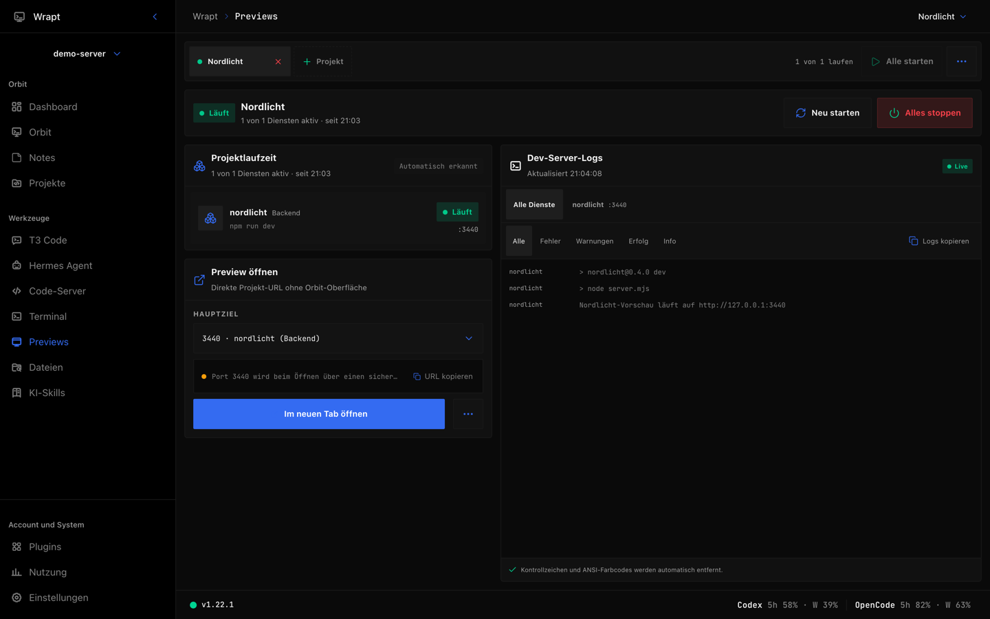 Wrapt-Previewbereich mit laufendem Dev-Server, Log-Ansicht und Adressfeld für das Beispielprojekt Nordlicht.