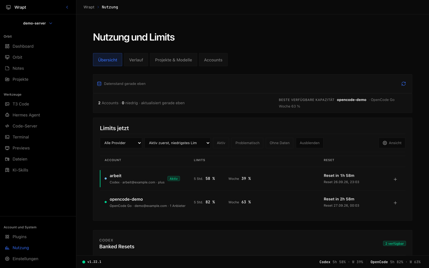 Wrapt-Nutzungsübersicht mit Limits, Tokenverlauf und Aufschlüsselung nach Projekt und Modell.